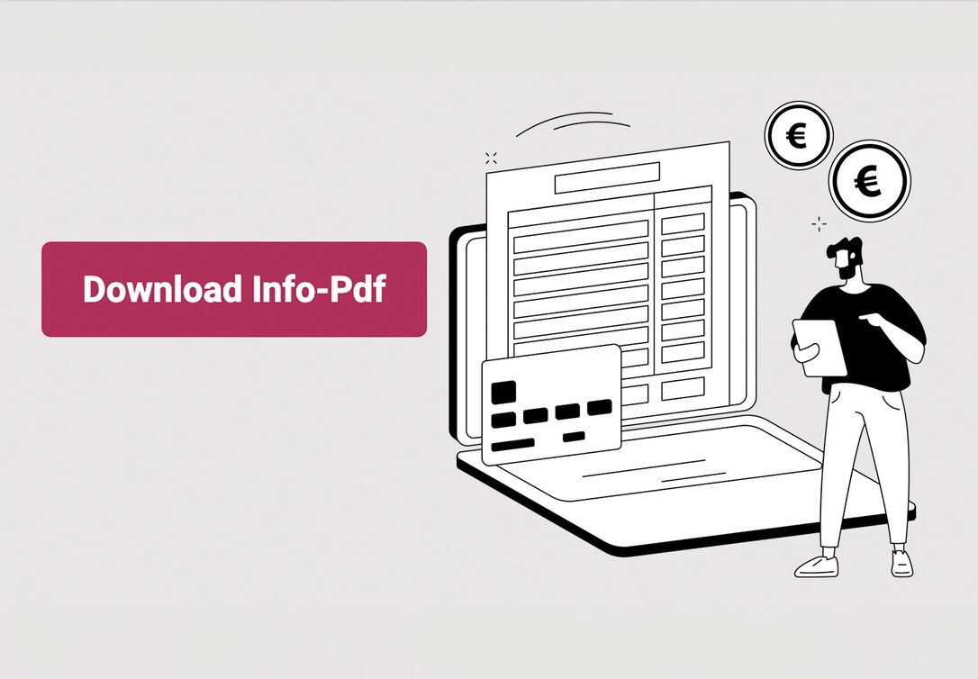 Grafik mit Laptop, Rechnungsformular, Eurozeichen und einem Download-Button.