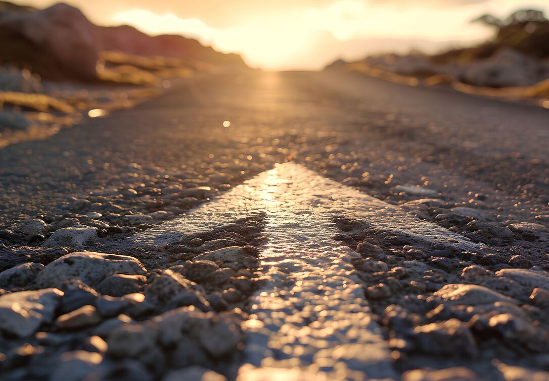 Straßenpfeil auf Asphalt zeigt in Richtung Sonnenaufgang am Horizont